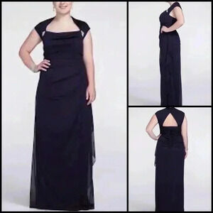 ILE EVENING Jeweled Cap Sleeve Jersey Navy Maxi Dress Cutout Ruching Formal 18W