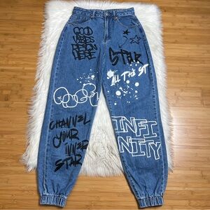 3/$25 S.O.N.G Graffiti Jogger Pants 7/28 Y2k Cotton Denim 29” Inseam