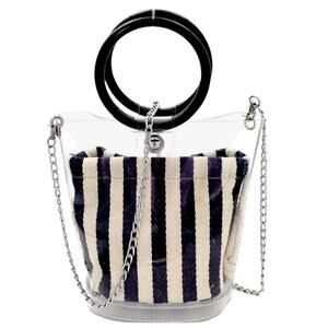 Clear Bag 2 in 1 Transparent Round Handle Crossbody  Striped Navy Cream Bag NEW