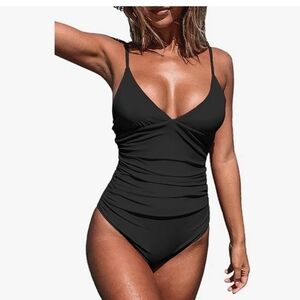 Cupshe One Piece Swimsuit Tummy Control V Neck Bathing Suit Black Sz S