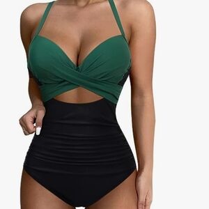 Black & Green Cut Out One Piece Bathing Suit Sz XL Tummy control push up NWOT