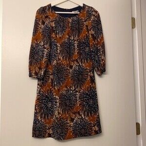 H&M Flower Print Abstract Shift Dress Burnt Sienna Tan Brown and Navy Blue