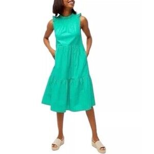 J. Crew Women's Sleeveless Tiered Ruffle Midi Cotton Lined Dress Green 6 Petite