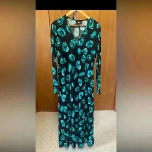 TWIGGY LONDON Women Size L Black/Green Floral V Neck Long Sleeve Maxi Dress