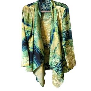 Jockey Women’s Green Blue Yellow Tie Dye Open Cardigan Impressionist Sz M