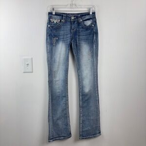 Grace in LA Blue Boot Cut Jeans with Distressing & Embroidered