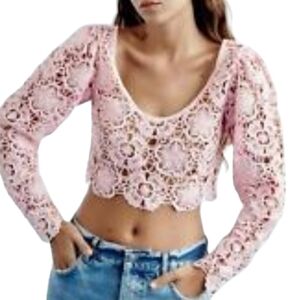 Zara pink knit crochet  top blouse cropped size L.