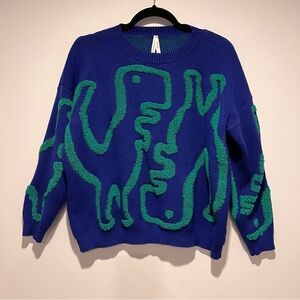 Blue and Green T-Rex Graphic Sweater