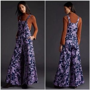 Anthropologie x Farm Rio Wide-Leg Jumpsuit Overalls Bold Toucans Purple Size XS