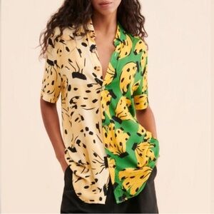 Farm Rio Mixed Bossa Banana Short Sleeve Button Up Shirt