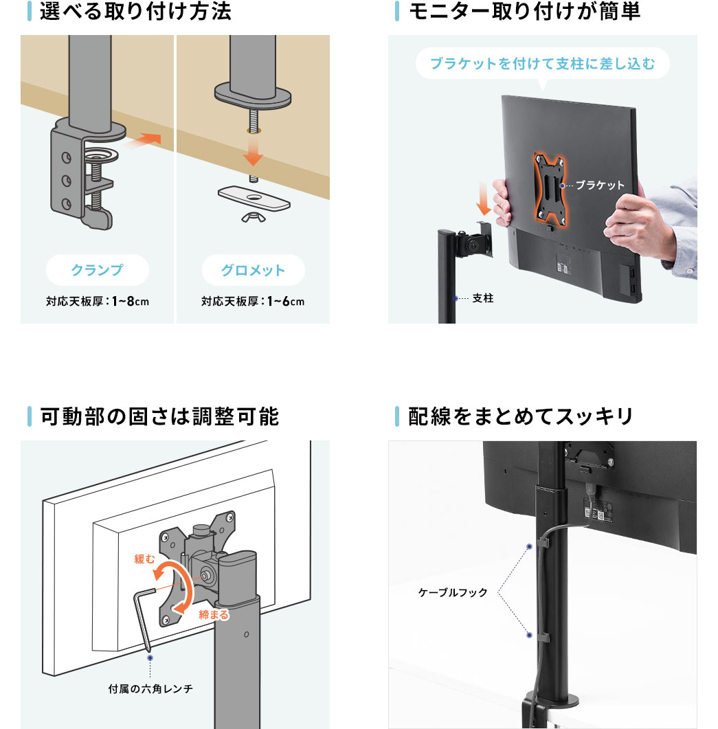 選べる取り付け方法 モニター取り付けが簡単 可動部の固さは調整可能 配線をまとめてスッキリ