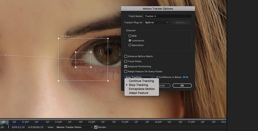 Screenshot of Adobe After Effects motion tracking interface