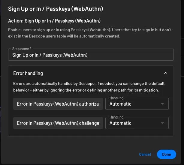 Descope Error handling within flow action configuration