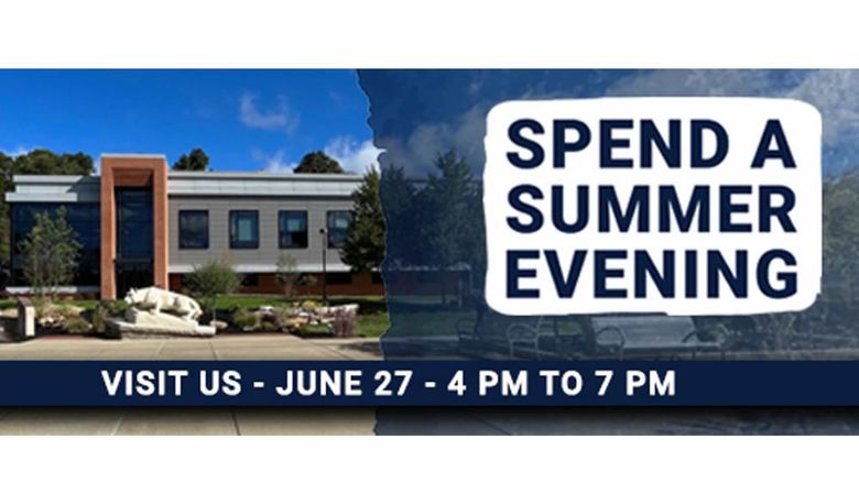 A graphic showing the PAW Center and Lion Shrine at Penn State DuBois. The graphic is sharing details for the Spend a Summer Evening event, taking place on June 27 beginning at 4 p.m.