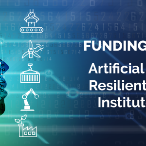 The graphic shows the profile of a human face with futuristic lines and dots with a blue and green color scheme. The graphic also includes icons representing manufacturing