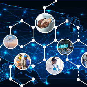 Graphic showing the United States with interconnected bright blue lines. There are 8 images overlaid in circles: semiconductor chip, wind turbine, two manufacturing employees, a handshake, woman working in a lab, hologram of data coming from a laptop, welder working on a truck panel in a plant, robotic arm