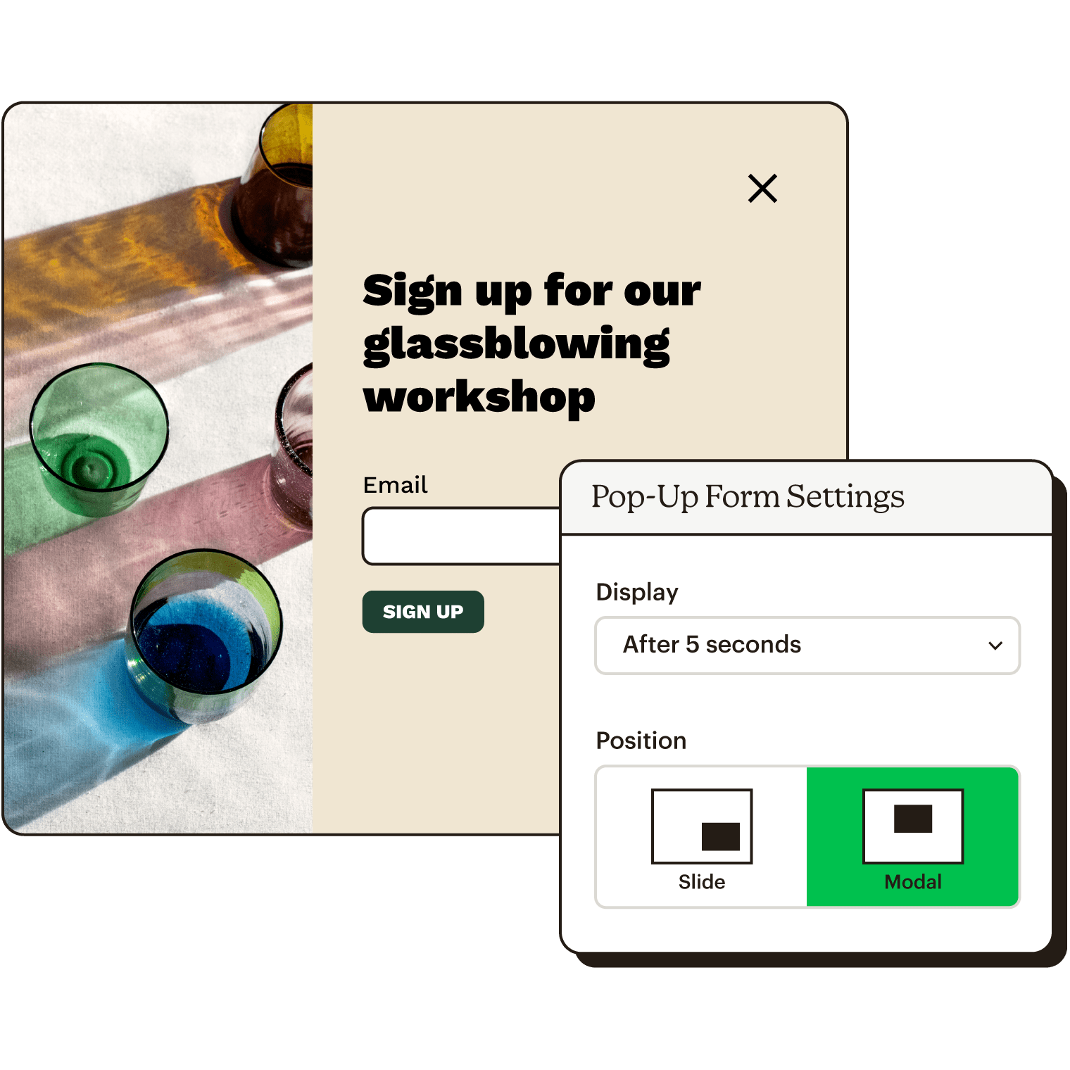 Example sign up form with setting showing when to display and positioning options.