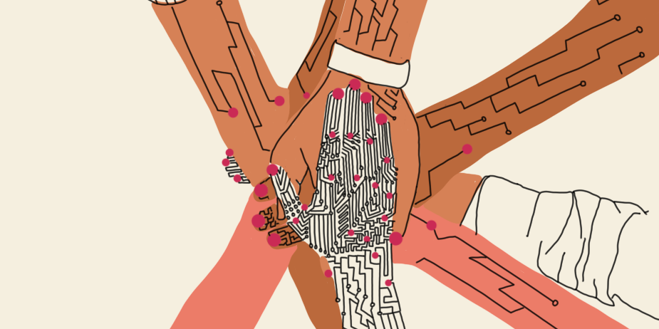 An illustration of many hands placed on top of each other in a gesture of unity.