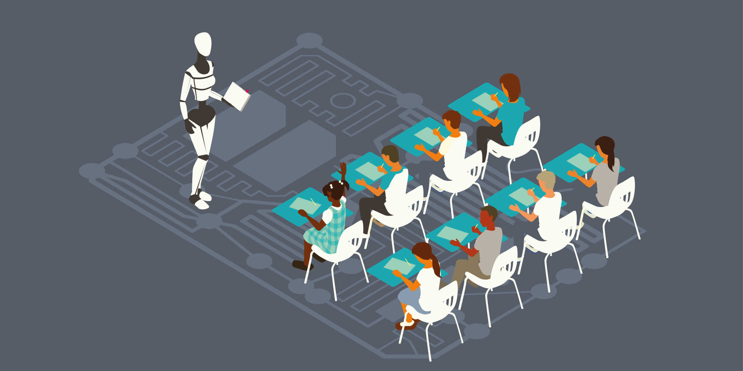 A robot teacher leads a class of eight children sitting in elementary school desks, illustrating the concept of AI-powered education. Illustration uses a unified palette of neutral and turquoise colors, comprised of vector shapes over a dark gray background on a 16x9 artboard, and presented in isometric view.