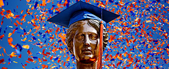 Alma's head in a graduation cap surrounded by confetti.