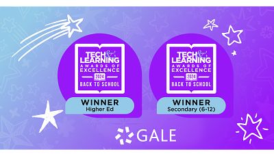 PURPLE, WHITE,TURQUOISE, BLACK, & WHITE Awards seal with image reading: Tech & Learning Awards of Excellence 2024, Back to School, WINNER Higher Ed. & WINNER Secondary (6-12).