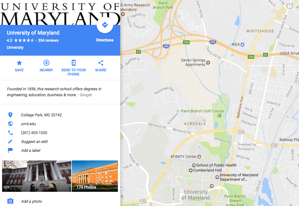 UMD Google Map Screen Shot