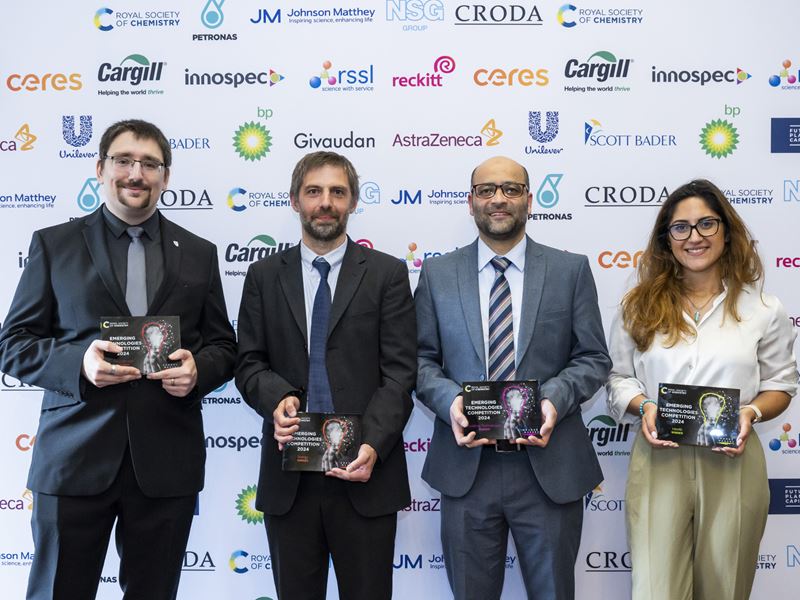 Left to right: Liam Dodd, from ThioTech; Professor Stuart Scott, of H2Upgrade and the University of Cambridge; Dr Othman Almusaimi, of Orthogonal Peptides and Imperial College London; and Layla Hosseini-Gerami, of Ignota Labs, stand smiling and facing the camera with their respective awards
