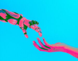 image of robot hand reaching out to human hand with blue background | Google Cloud and Workday