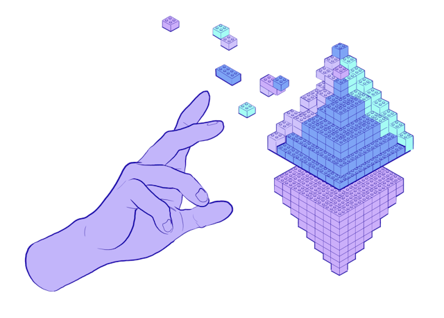 Ilustração de uma mão a construir um símbolo ETH com blocos de Lego.