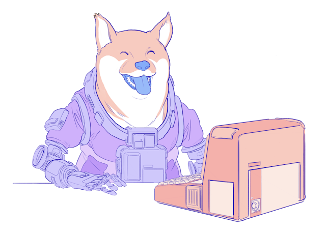 Ilustración de un doge utilizando un ordenador.