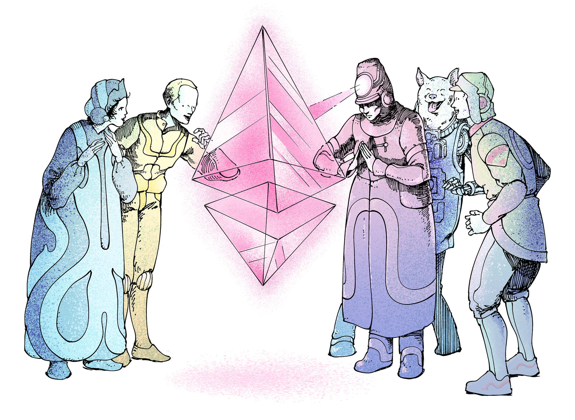 Illustration of a group of people marvelling at an ether (ETH) glyph in awe