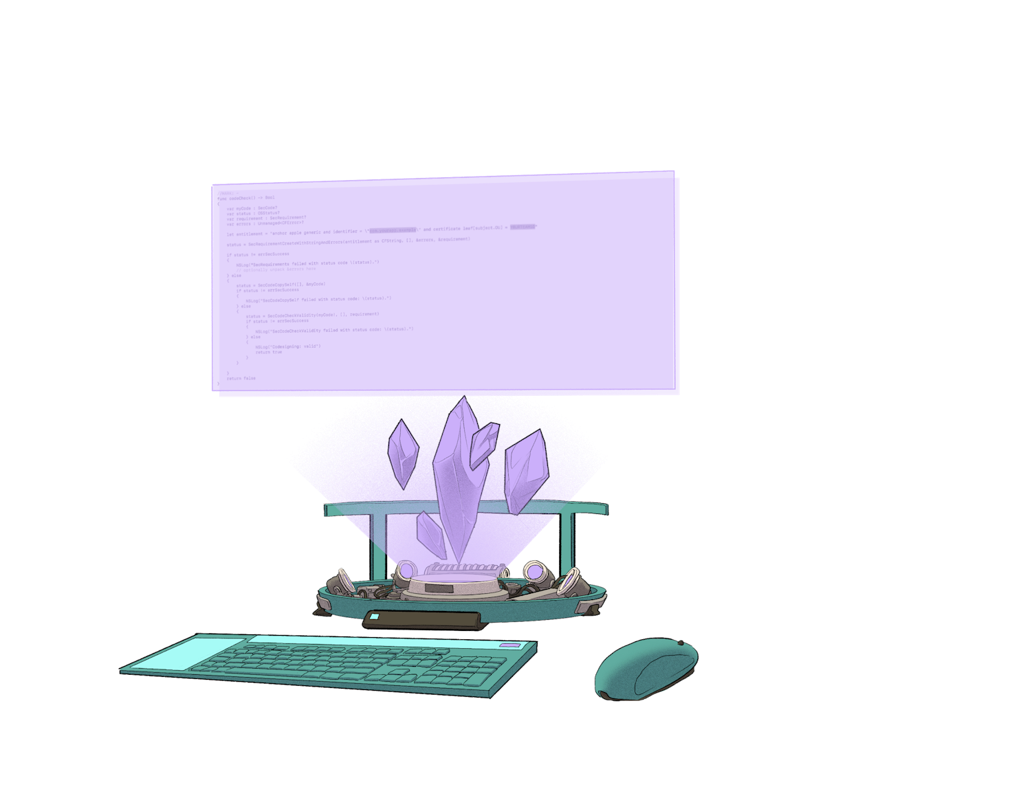 Ilustración de un ordenador futurista, propulsado por cristales de Ethereum.