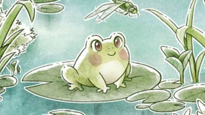 Screenshot of a frog on a tadpole in 2024's Kamaeru: A Frog Refuge.