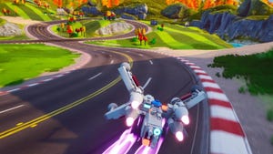 A spaceship racing on the track in Lego 2K Drive.