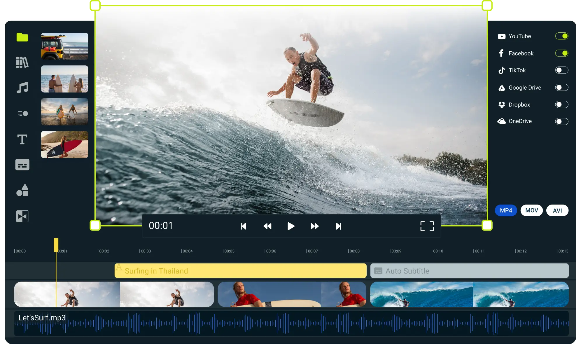 Video editor showing a person surfing