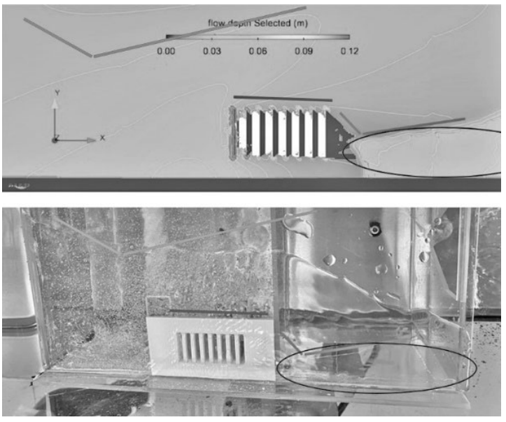 Fig. 4. Comparison between the results obtained during physical experimentation in prototype 7 and simulation results with FLOW-3D® (source:
made with FlowSight® and photographic record by Chaparro Andrade and Abaunza Tabares, 2021)