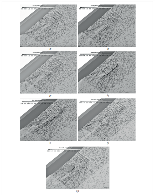 Fig. 6. Example of the results of flow depth and velocity vectors in the xy plane, for a stable flow condition in a grate inlet type and free surface
configuration and flow regime, of some grating types (source: produced with FlowSight®)