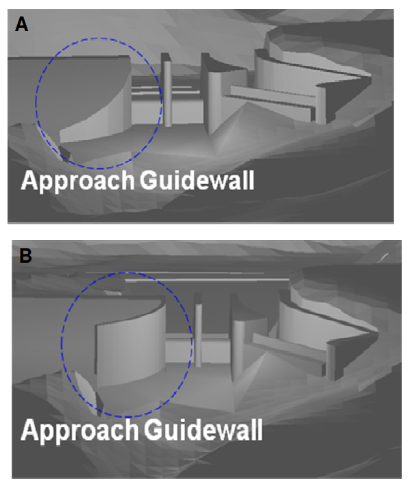 Figure 8. Revised approach channel section.
A. Initial plan design; B. Revised plan design.