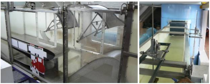 Figure 1 – Physical scale model (left). Upstream flume and point gauge (right)