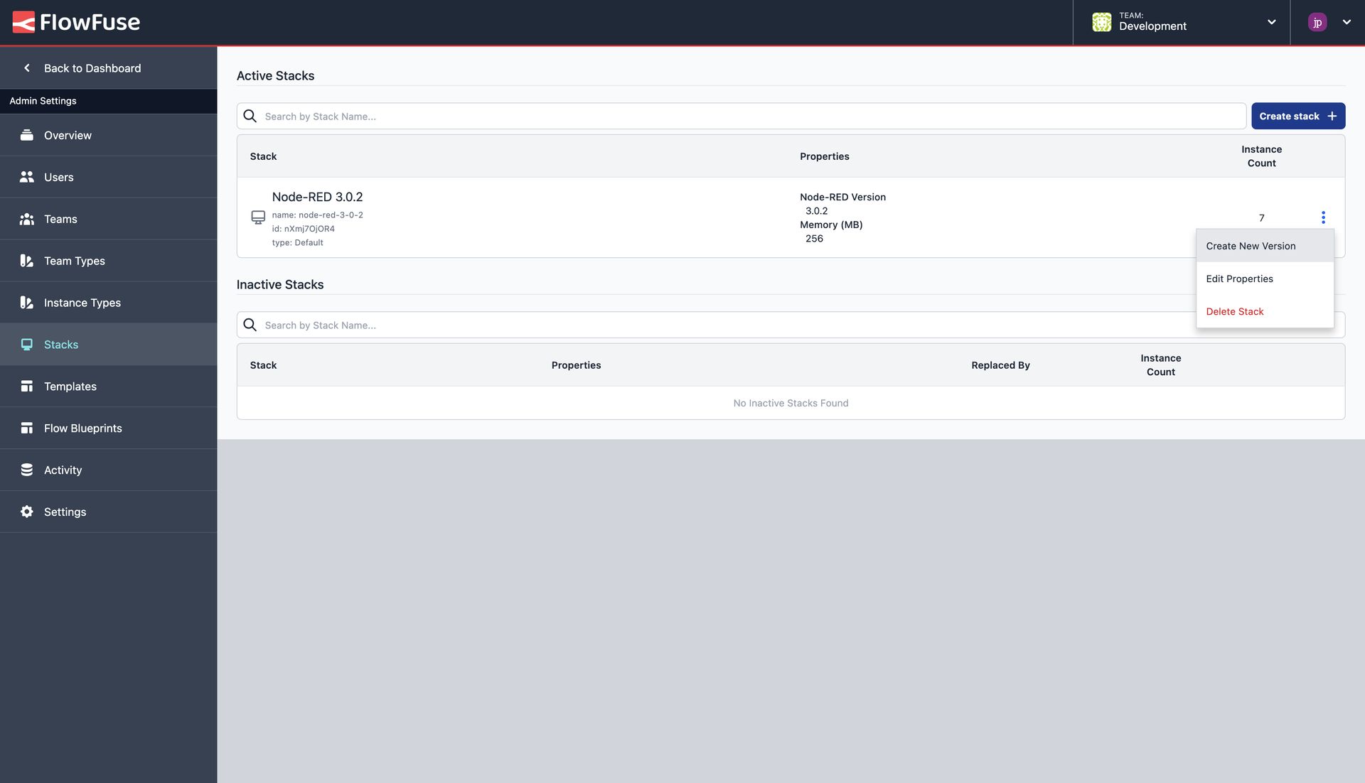 Screenshot of FlowFuse showing where admins can create new stacks