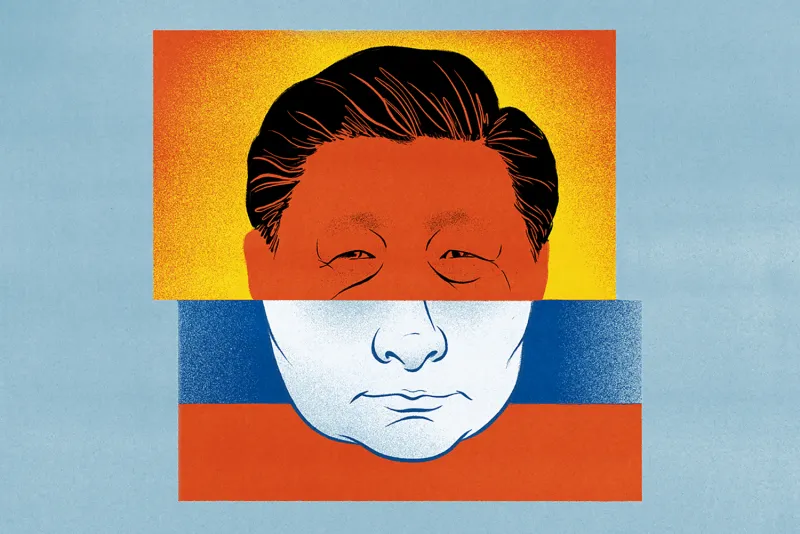 An illustration shows half faces of Chinese President Xi Jinping and Russian President Putin for a story about a ChiRussia alliance.