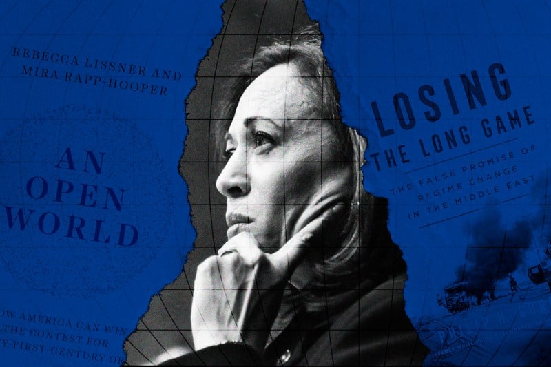 A photo collage illustration shows Kamala Harris in profile with her hand resting on her chin. She is framed by pages torn from the covers of two books on a blue color field, titled "An Open World" and "Losing the Long Game."