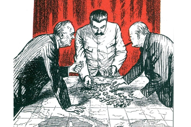 A cartoon shows Stalin as the central figure with Roosevelt at left and Churchill smoking at right as they lean over a map of Europe.