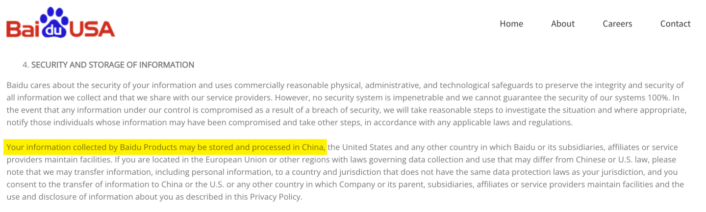 Screenshot of Baidu USA privacy policy