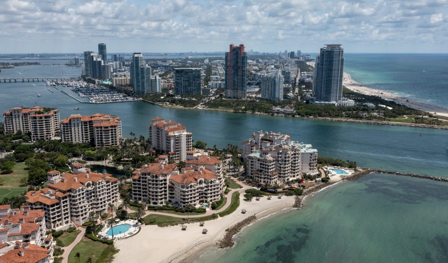 An aerial shot of Miami properties along the water.