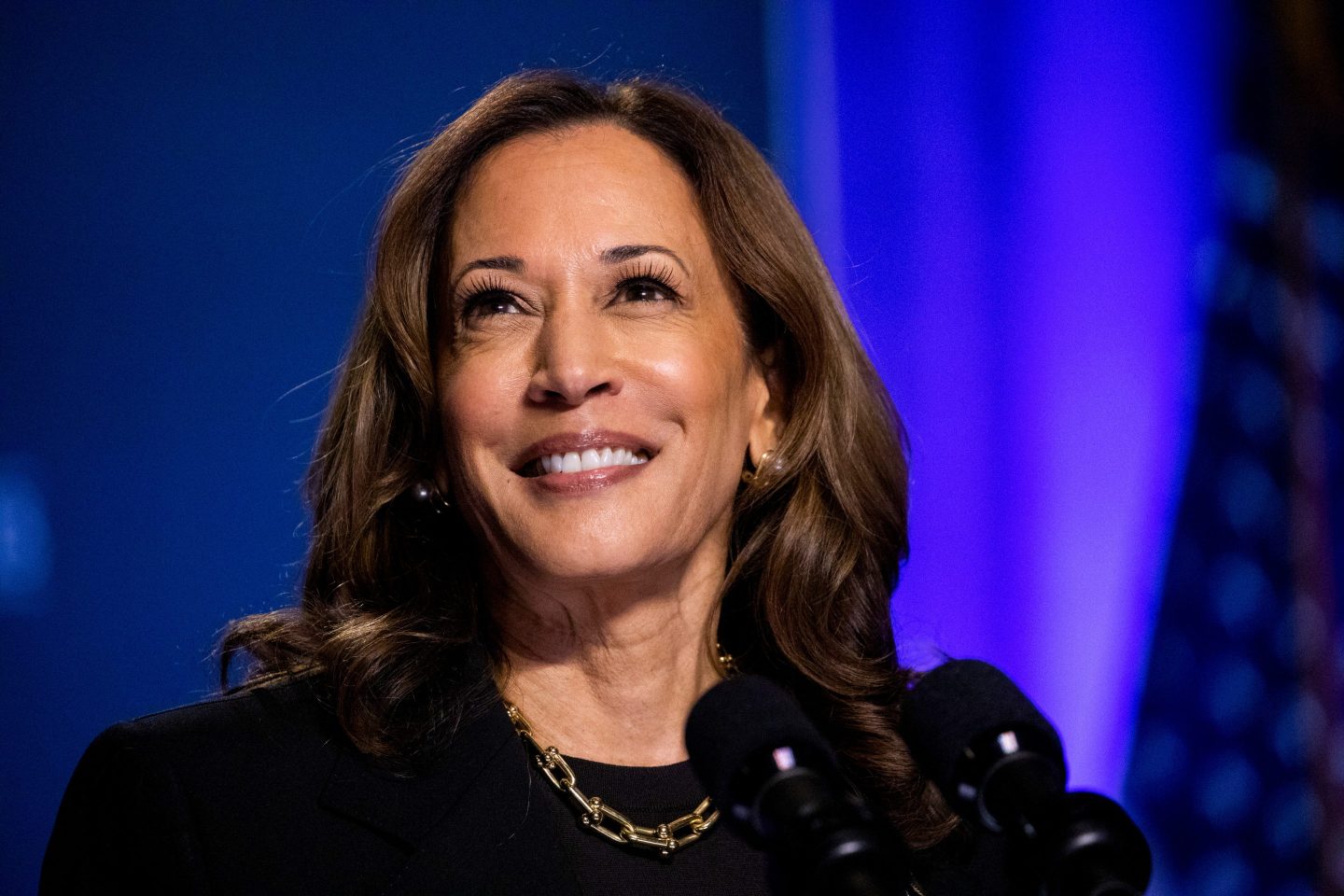 US Vice President Kamala Harris during a campaign event at the Philip Chosky Theatre in Pittsburgh, Pennsylvania, US, on Wednesday, Sept. 25, 2024. Harris vowed to be an ally to both corporate executives and the employees who work for them, as the Democratic presidential nominee outlined her vision for an "opportunity economy" that funds new industry investments and builds the middle class.