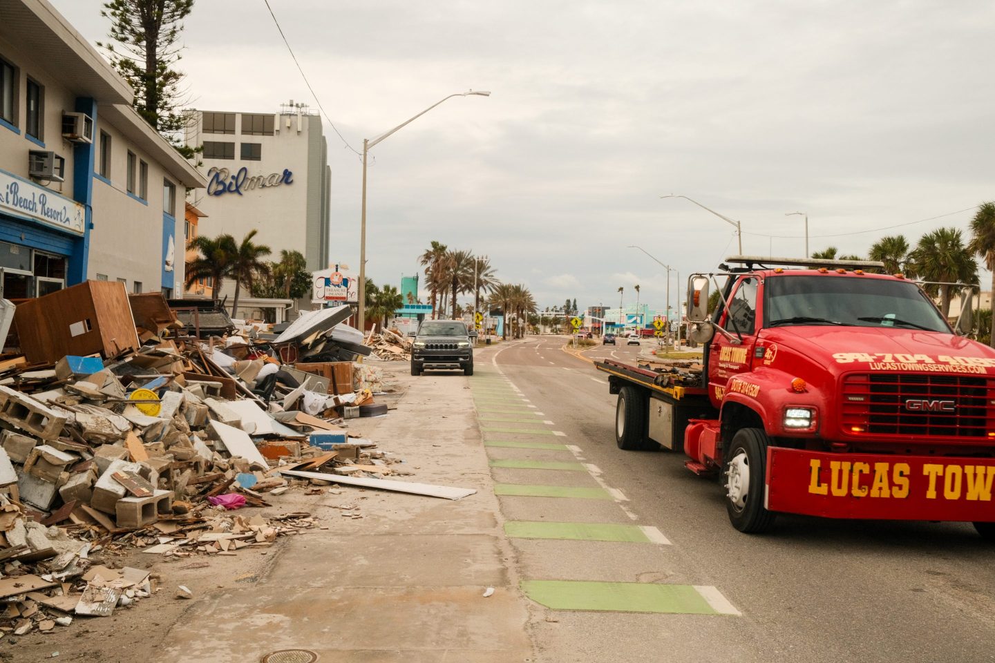 Piles of debris from Hurricane Helene remain uncollected ahead of Hurricane Milton&#8217;s expected landfall in Treasure Island, Florida, US, on Monday, Oct. 7, 2024. Milton strengthened into a catastrophic Category 5 hurricane as it bears down on Florida&#8217;s west coast, where residents have begun to flee inland in a region still recovering from Helene&#8217;s devastation. Photographer: Tristan Wheelock/Bloomberg via Getty Images