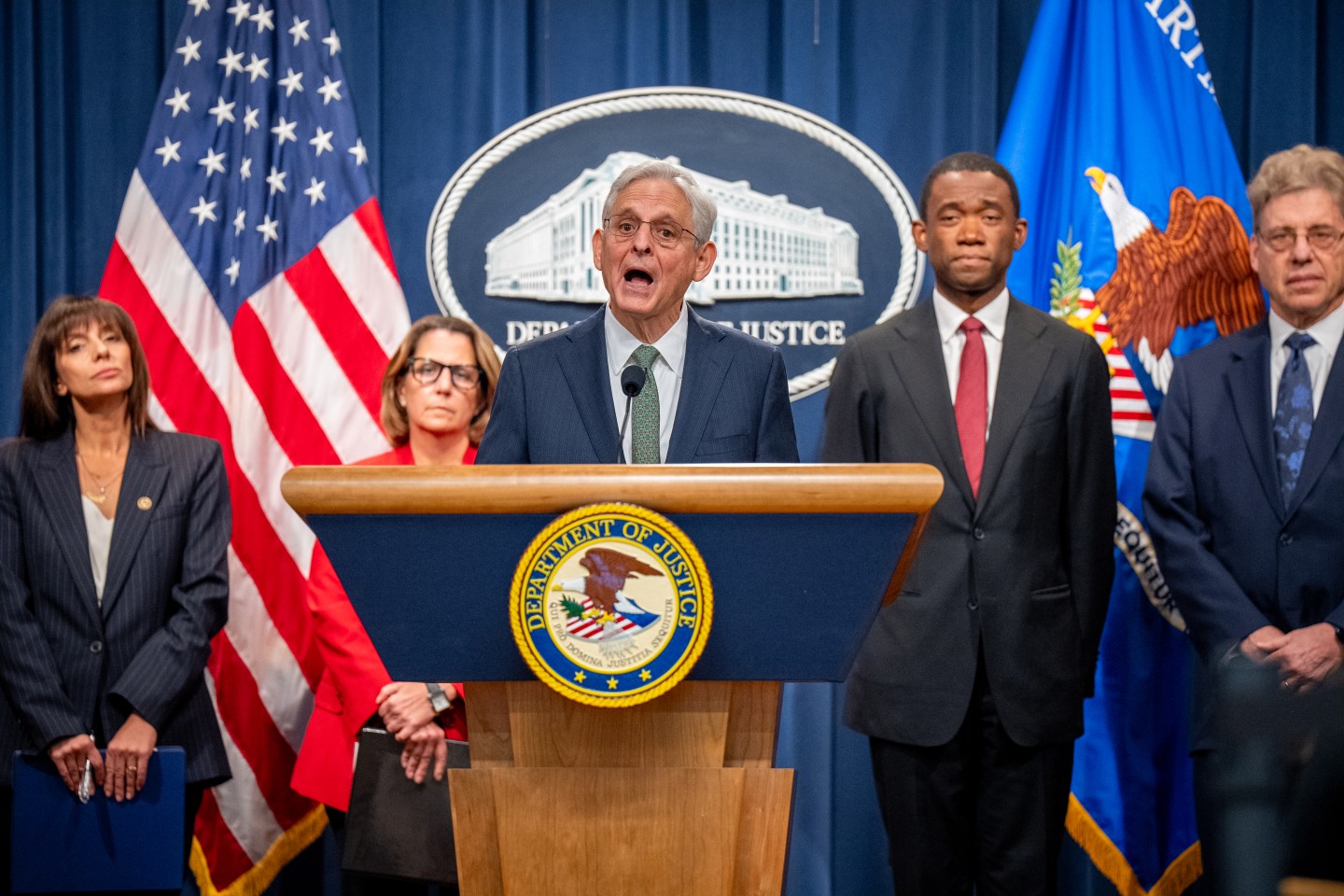 U.S. Attorney General Merrick Garland speaks during a news conference at the Justice Department on October 10, 2024 in Washington, DC. Garland announced that TD Bank would plead guilty and pay $3 billion dollars in fines and penalties over money laundering-related charges. He called the bank the largest in U.S. history to plead guilty to Bank Secrecy Act Program failures and the first bank in history to plead guilty to conspiracy to commit money laundering.