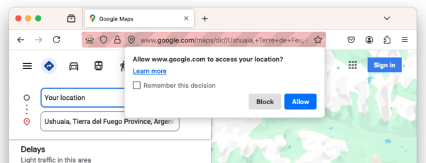 Screenshot of Google Maps showing the "geolocation" permission prompt