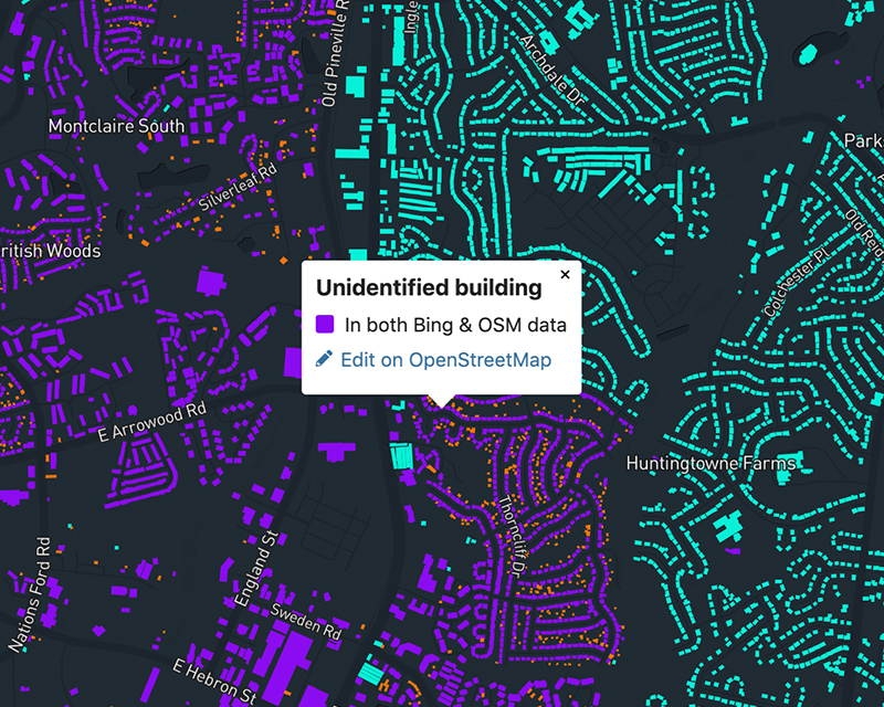 Application screenshot displaying a pop-up of a building that is in both OpenStreetMap and Bing.